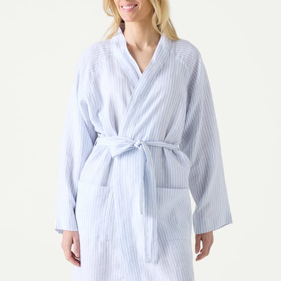 Vintage Washed Linen Dusty Blue & White Stripe Robe