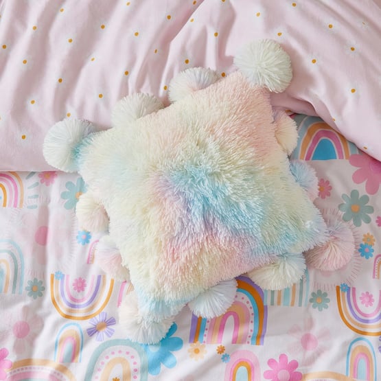 Snuggly Sherpa Pom Pom Cushion Rainbow