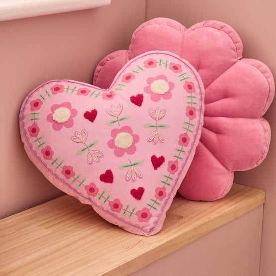 Pink Floral Heart Textured Cotton Cushion
