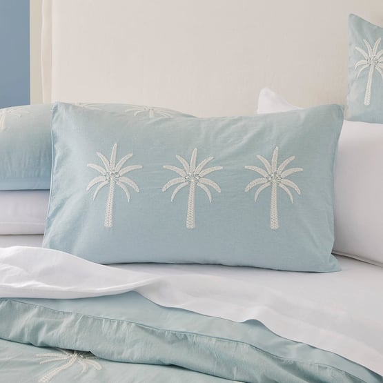 Byron Palm Blue Embroidered Pillowcases
