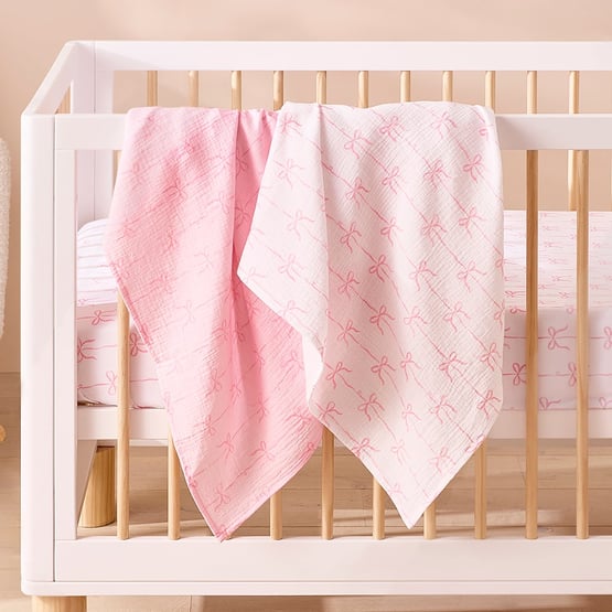 Pink Beautiful Bow Cotton Muslin Baby Swaddles 2pk