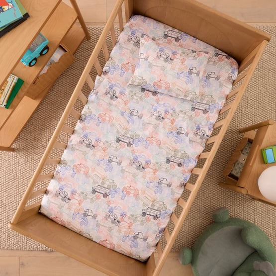 Traffic Jam White Flannelette Cot Sheet Set