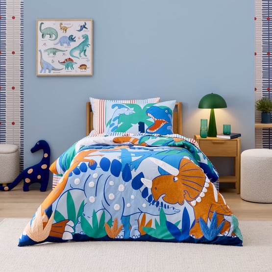 Dino Jungle Light Blue Tufted Quilt Cover Set