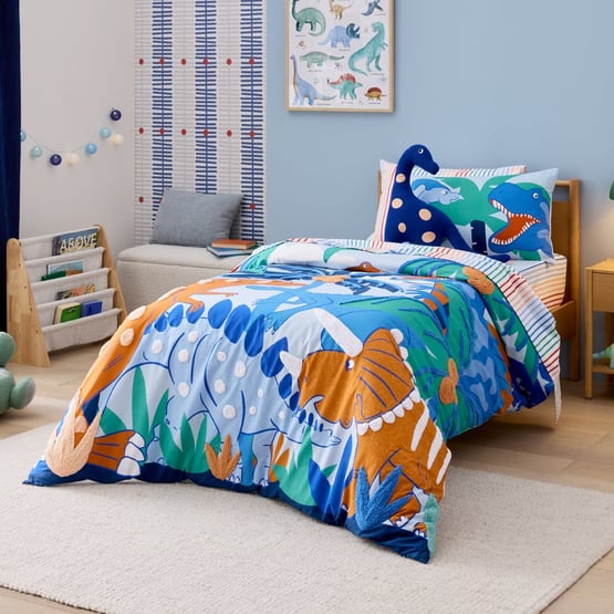 Dino Jungle Light Blue Tufted Quilt Cover Set