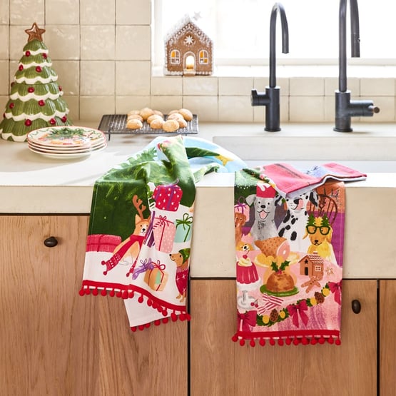Christmas Dinner Dogs Tea Towel Pack of 2