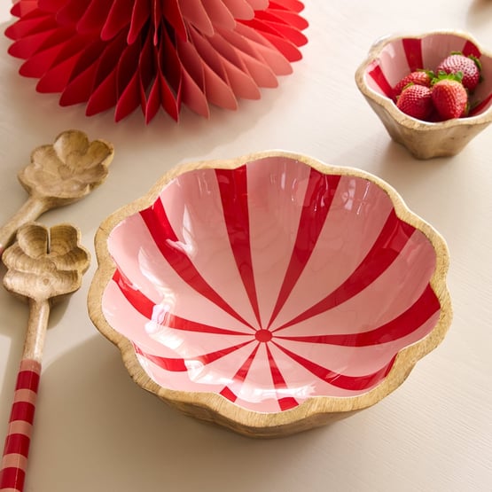 Christmas Red & Pink Mango Wood Scalloped Serving Bowl