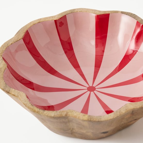 Christmas Red & Pink Mango Wood Scalloped Serving Bowl
