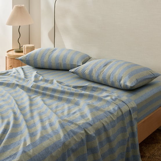 Stonewashed Cotton Olive and Denim Block Stripe Sheet Separates