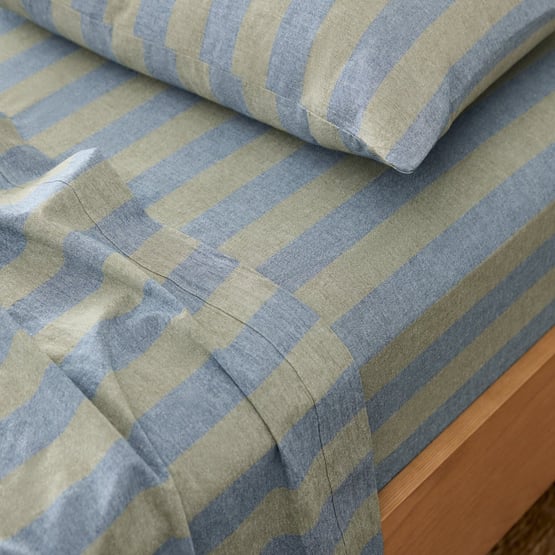 Stonewashed Cotton Olive and Denim Block Stripe Sheet Separates