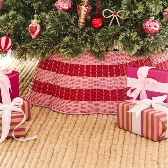 Festive Pink & Red Stripe Scalloped Tree Skirt