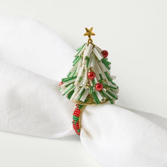 Christmas Tree Green & White Napkin Ring Set of 4
