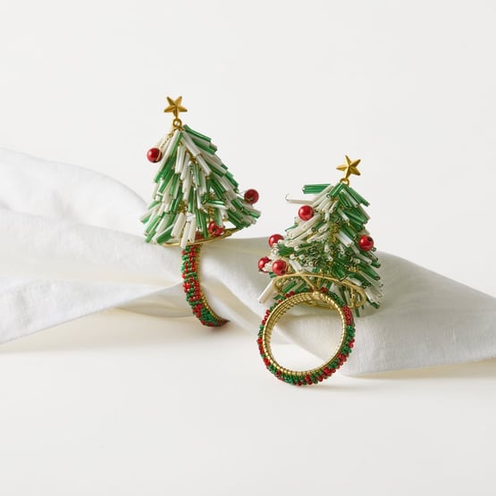 Christmas Tree Green & White Napkin Ring Set of 4