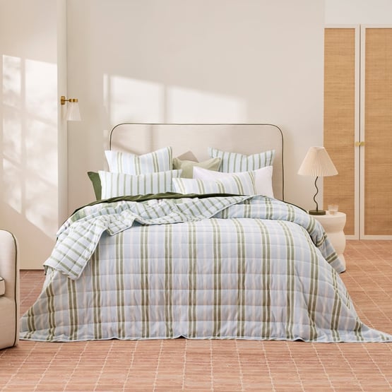 Pedro Green Stripe Cotton Linen Quilted Coverlet Separates