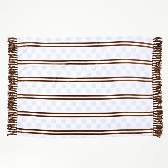Aspen Blue & Natural Check Stripe Fleece Tassel Throw