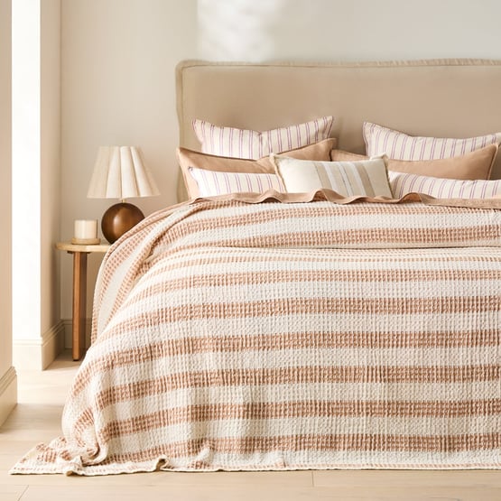 Koko Washed Hazelnut & White Stripe Waffle Blanket