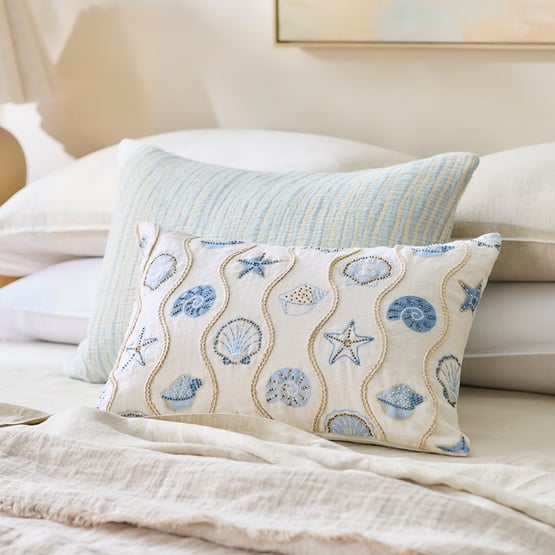 Shell Beach Natural & Blue Beaded Cushion