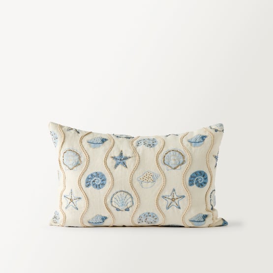 Shell Beach Natural & Blue Beaded Cushion