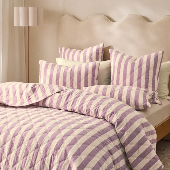 Stonewashed Cotton Berry Block Stripe Quilted Coverlet Separates
