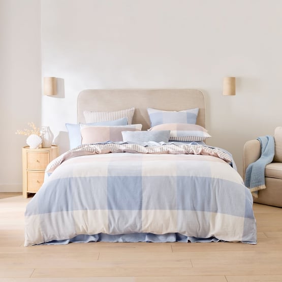 Linen Cotton Cove Blue Check Quilt Cover Set + Separates
